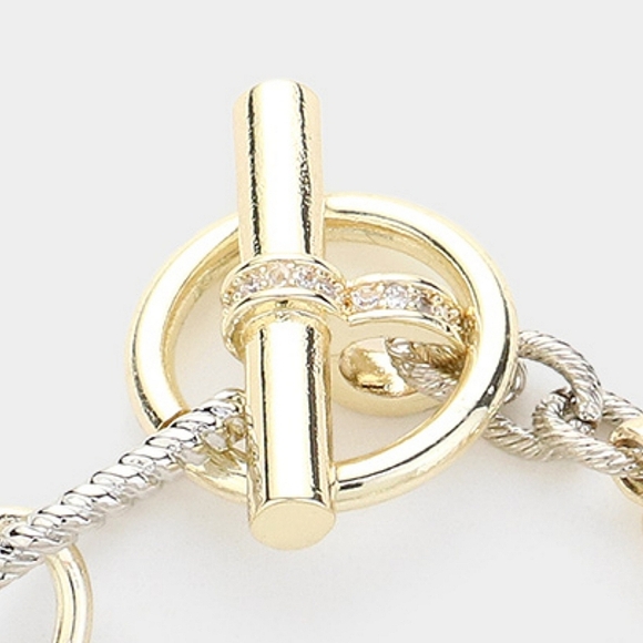 Silver Gold Pearl CZ Stone Two Tone Metal Chain Link Toggle Bracelet - Picture 4 of 4